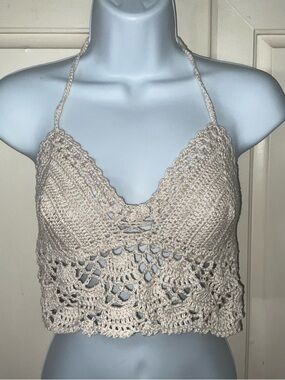 Hand crafted crochet halter boho tank crop top in cream